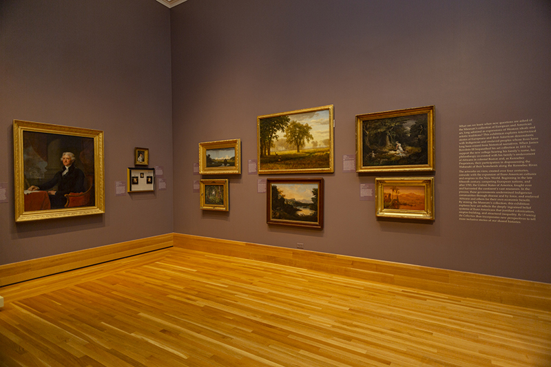 a photo of paintings on a wall of a museum