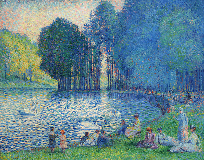 an impressionist painting in blues with a lake, trees, and swans