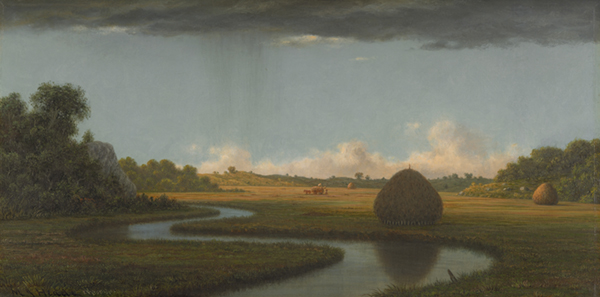 a painting of a landscape with round haystacks and an ominous looking sky