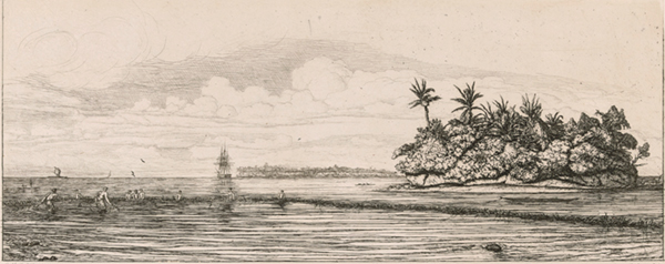 a landscape/seascape with palm trees and small figures in the water