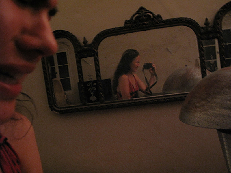 a photograph of a woman's face in profile on the left and a reflection of her in a mirror