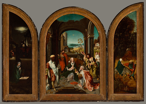 a triptych  painting showing various religious scenes.