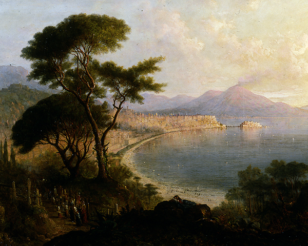 A landscape with a tree at the left, a body of water on the right, and a volcano in the distance