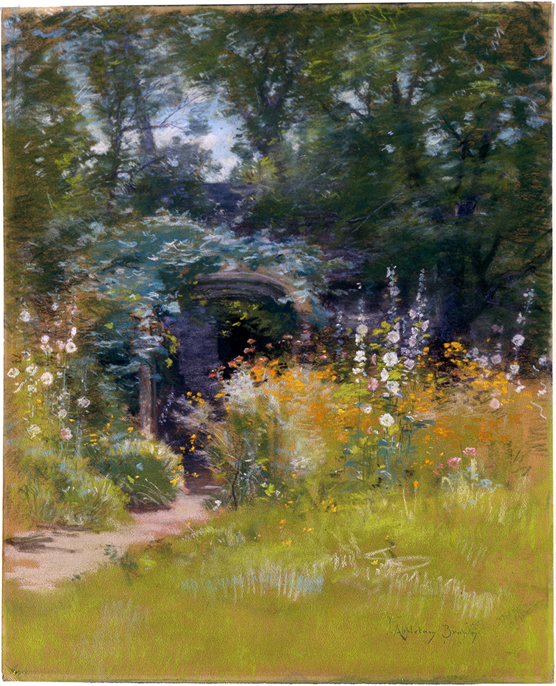 A pastoral scene in pastels with flowers and with a bridge