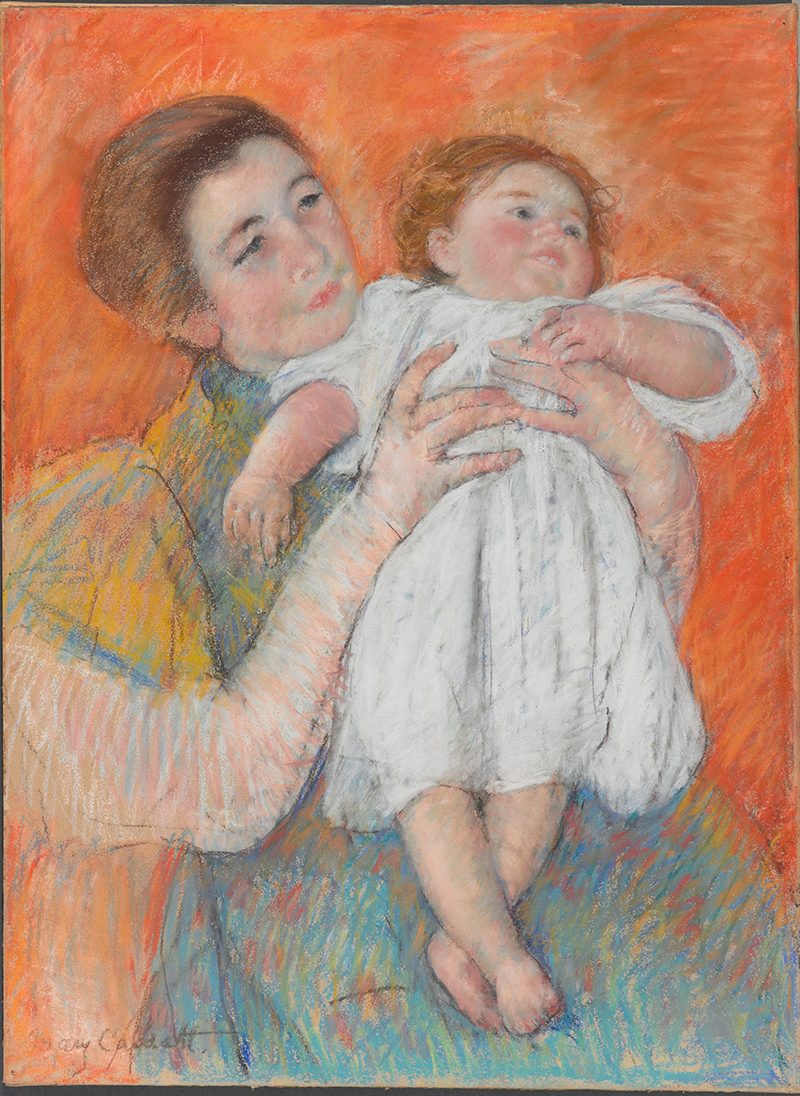 A pastel drawing of a mother and child with an orange background