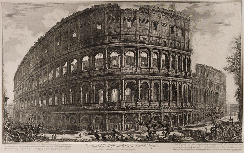 A black and white engraving of the exterior of the Colosseum in Rome