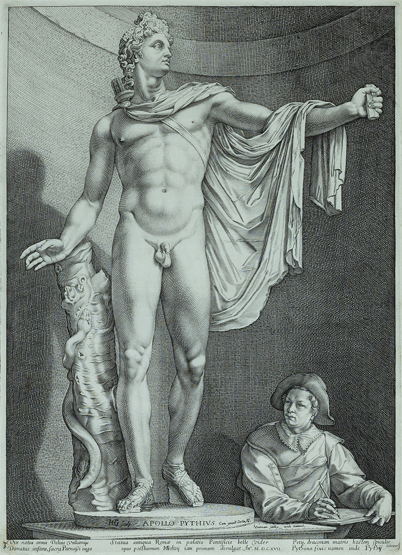 a black and white etching of a statue of Apollo