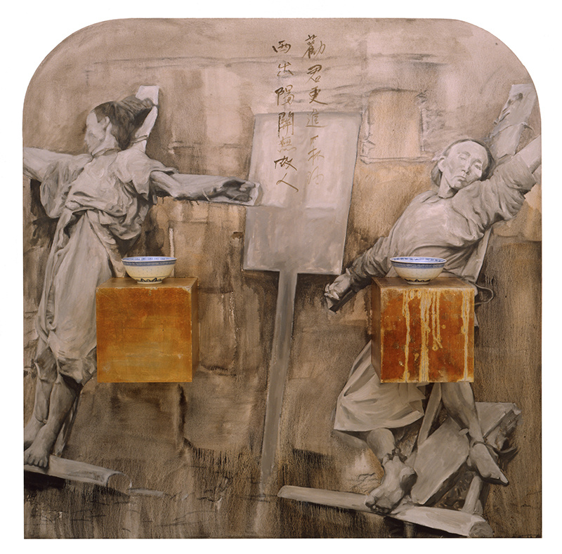 two gesturing figures with an easel between them and bowls in front of them