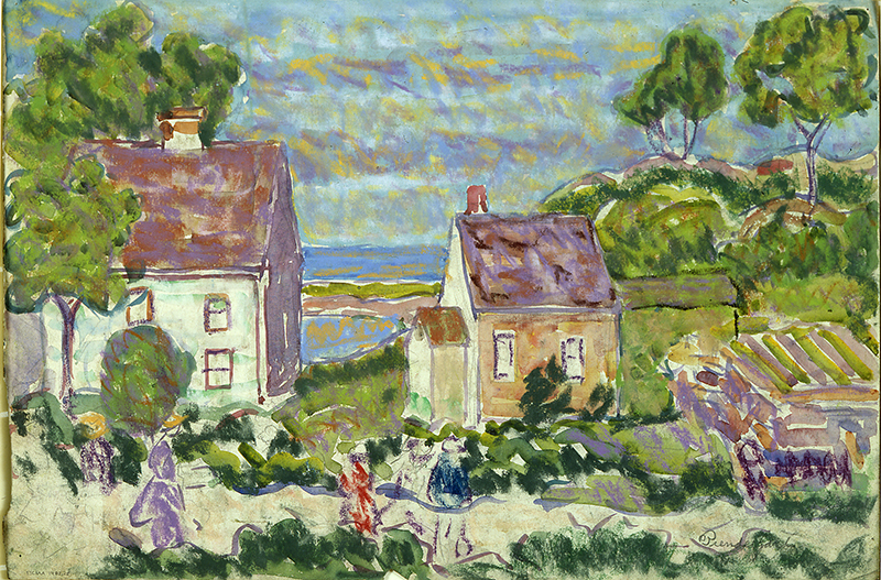A village scene in pastels with two houses and the ocean in the background