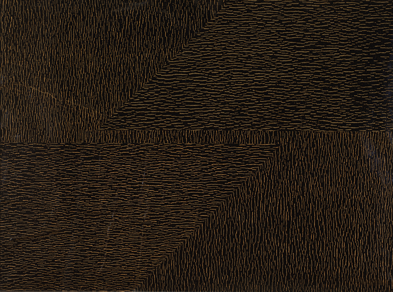 A dark horizontal, rectangular image, with many smaller rectangles in patterns going in opposite directiouns