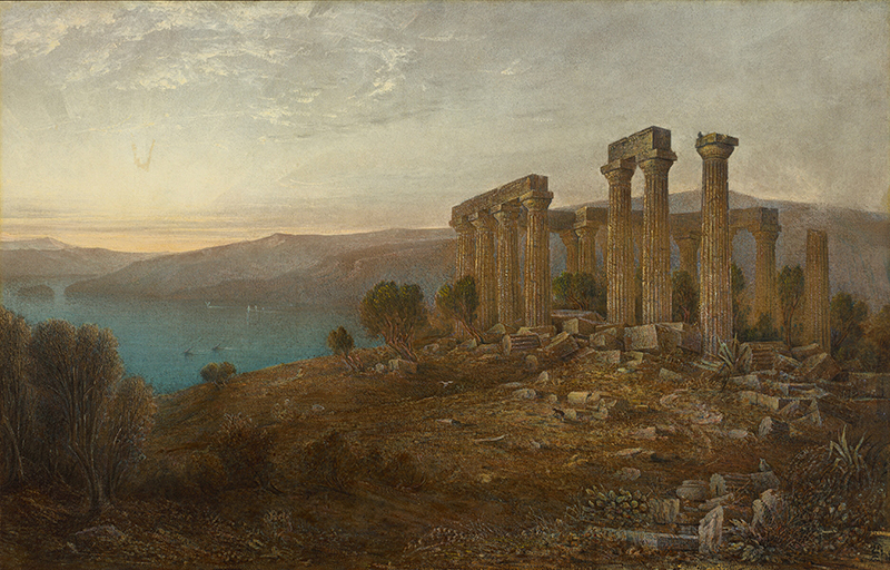 A painting of a landscape with ruins of an ancient temple