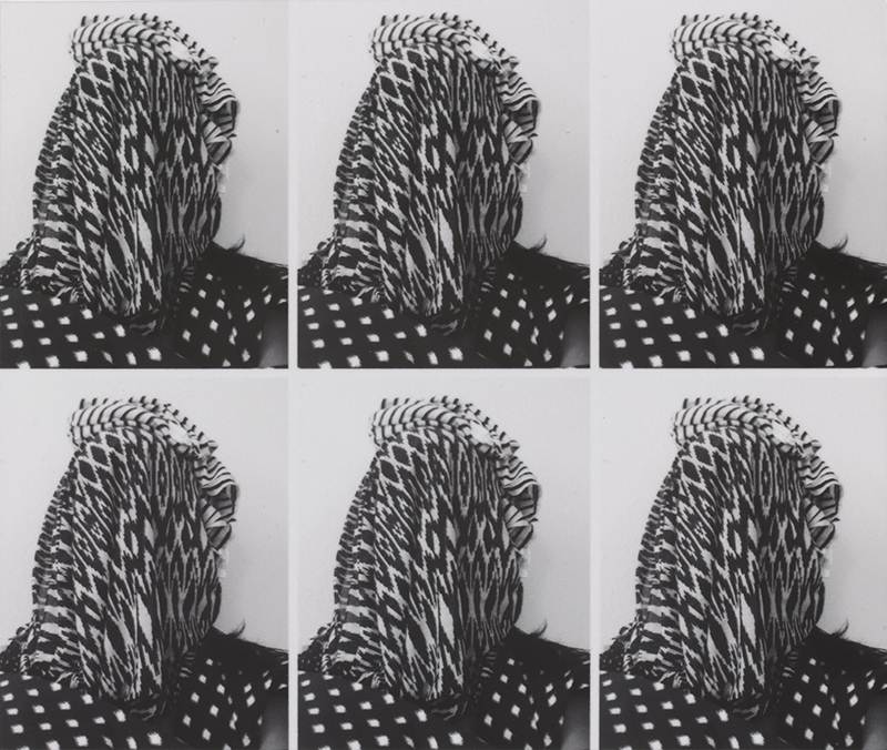 A six part image in a grid of the back of a head in a black and white head covering