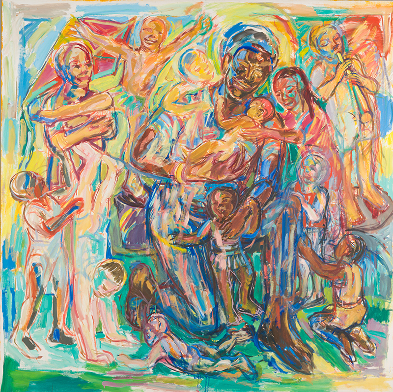 A paniting in bright colors and active brushstrokes with a central figure surrounded by many figures of children