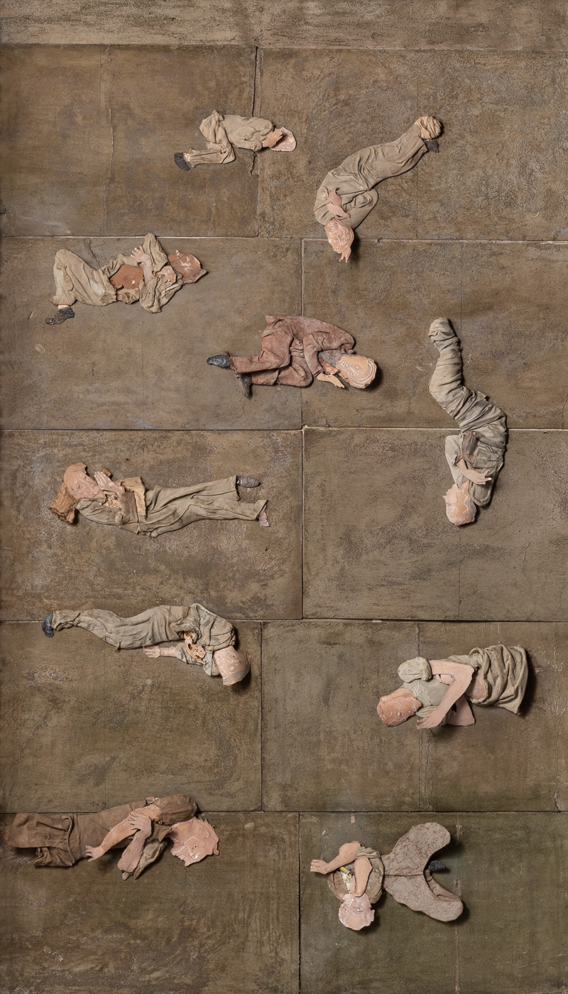 a mixed media piece showing ten figures lying on a background
