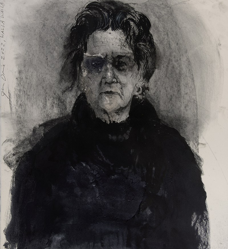 A portrait of a woman with dark hair and dark garments in charcoal on paper