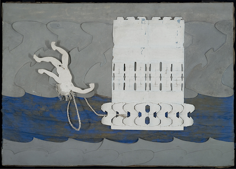 a mixed media piece with a white tower and a figure falling into a blue spacee