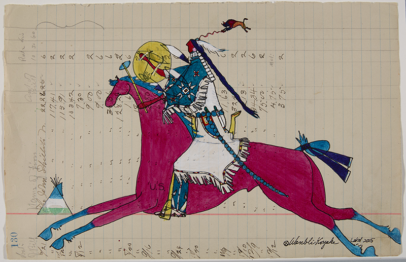 A drawing showing a figure on a red horse