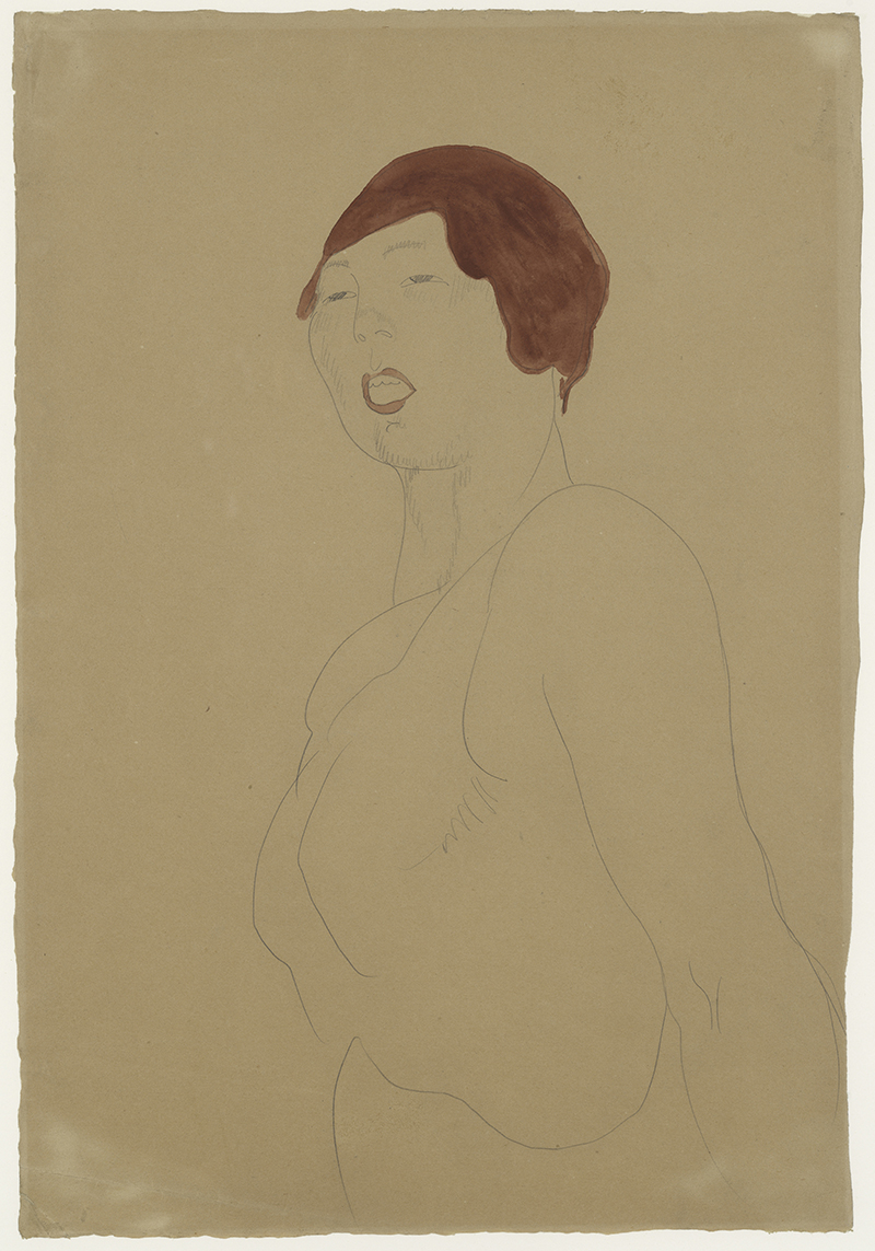 a drawing on sepia paper of a woman with short red hair