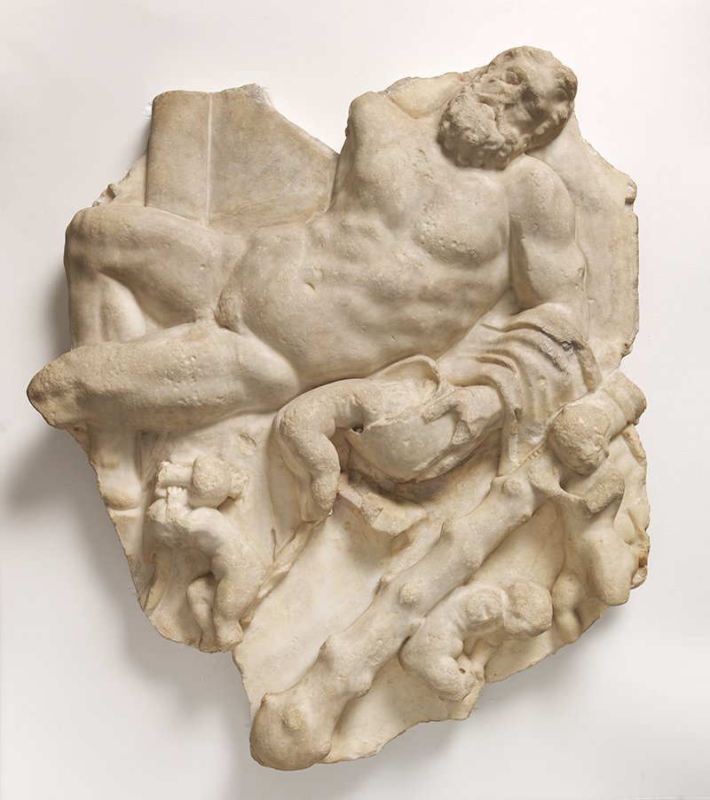 An ancient relief sculpture of Heracles sleeping