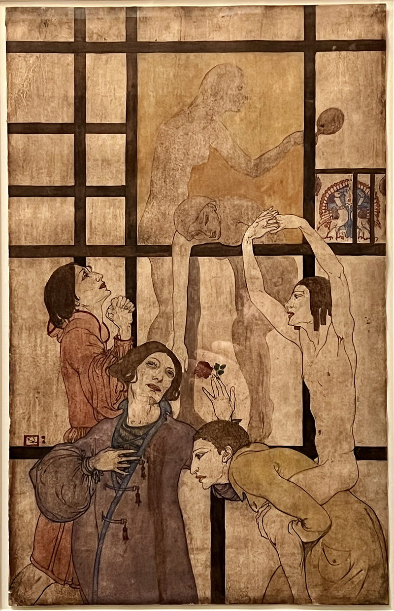 A painting in sepia tones of human figures dancing in a room