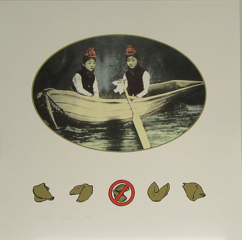 A silkscreen print with an oval containing a picture of two women in a boat against a black background. Under the oval are five fortune cookies, the center one with a "do not" symbol over it.