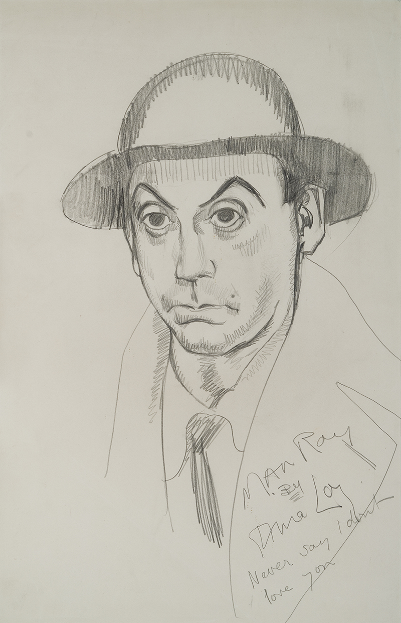 a pencil drawing of a man's face/head and shoulders. He has arched eyebrows and is wearing a hat.