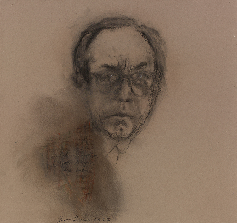 a portrait of a man's head and shoulders in charcoal and pastel on brown paper
