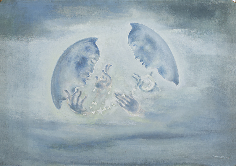 an ethereal image in shades of blue of a floating face and hands with starsge in shades of blue of a floating face and hands with stars