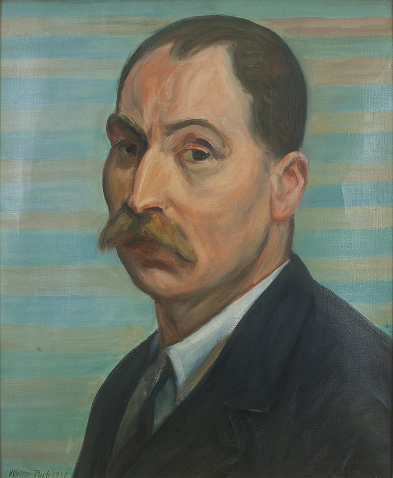 The head and shoulders of a man with a mustache, against a striped backdropated figures