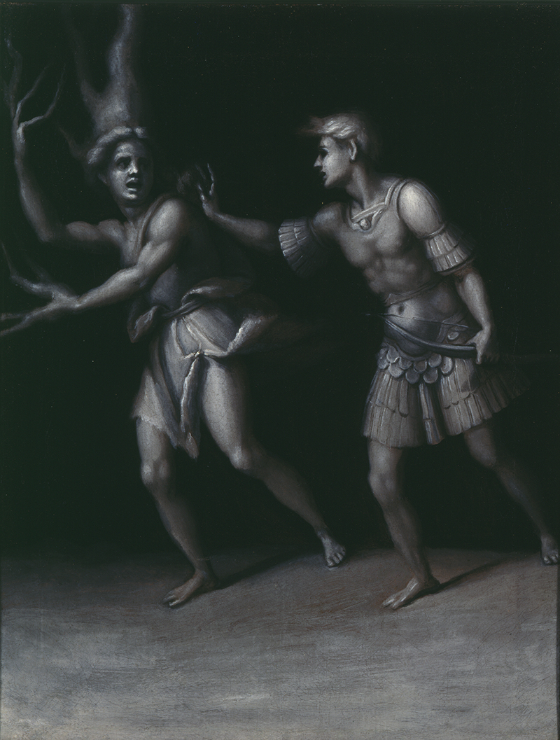 A black and white painting showing two figures, one in armor, the other fleeing and turning into a tree