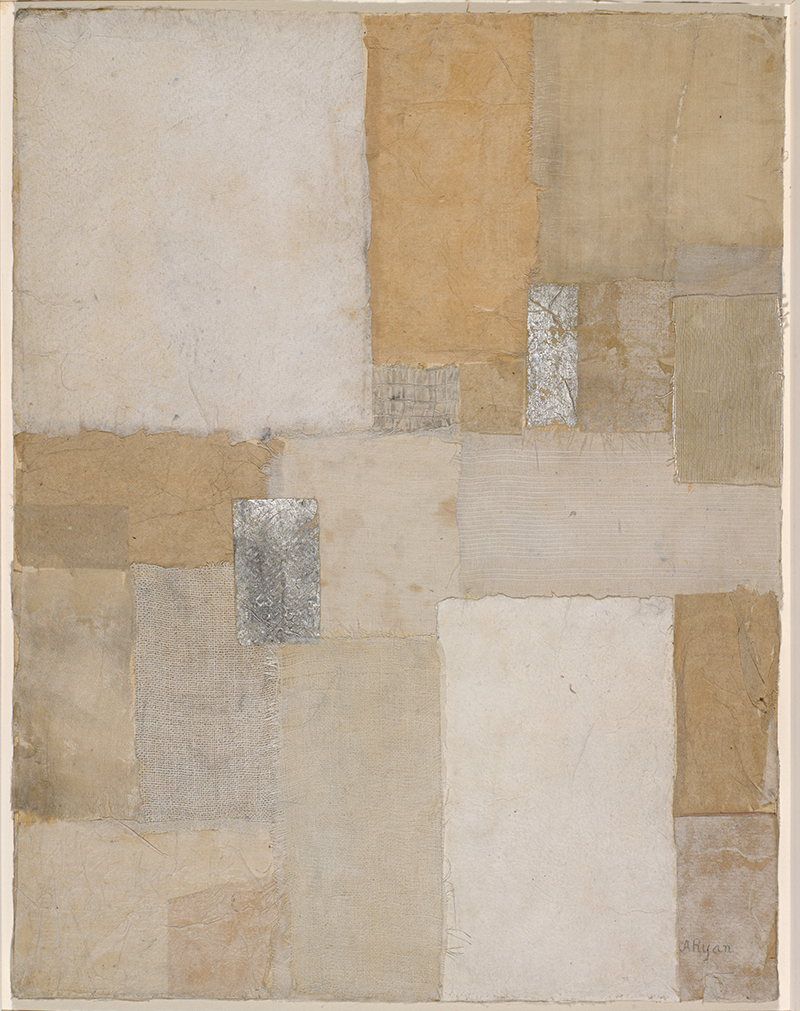 a paper and fabic collage of rectangles in tones of brown, taupe, and ecru