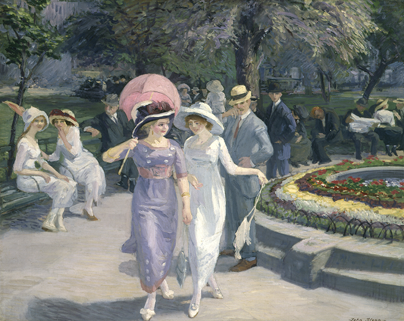 A painting in pastel tones showing people in old fashioned clothes walking in a park