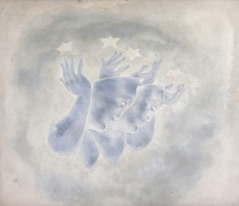 an ethereal image in shades of blue of  a floating face and hands with stars