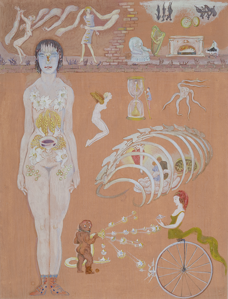 a collage on an orange background showing a womans body and  various smaller items 