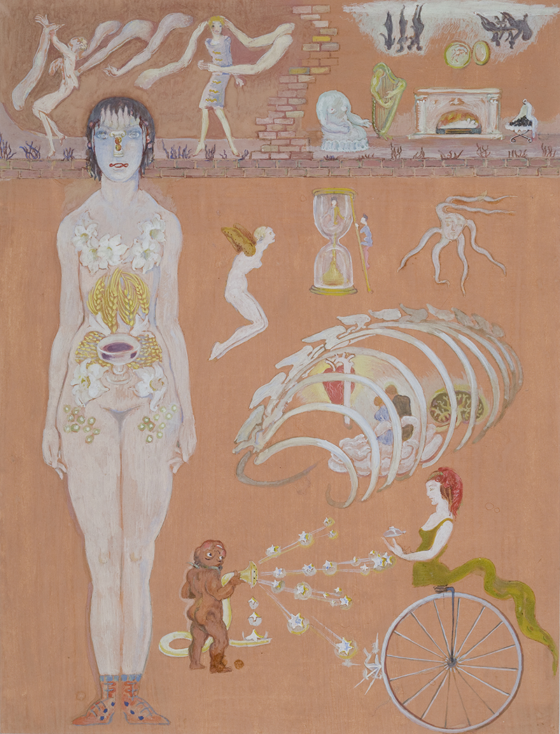 a collage on an orange background showing a womans body and various smaller items