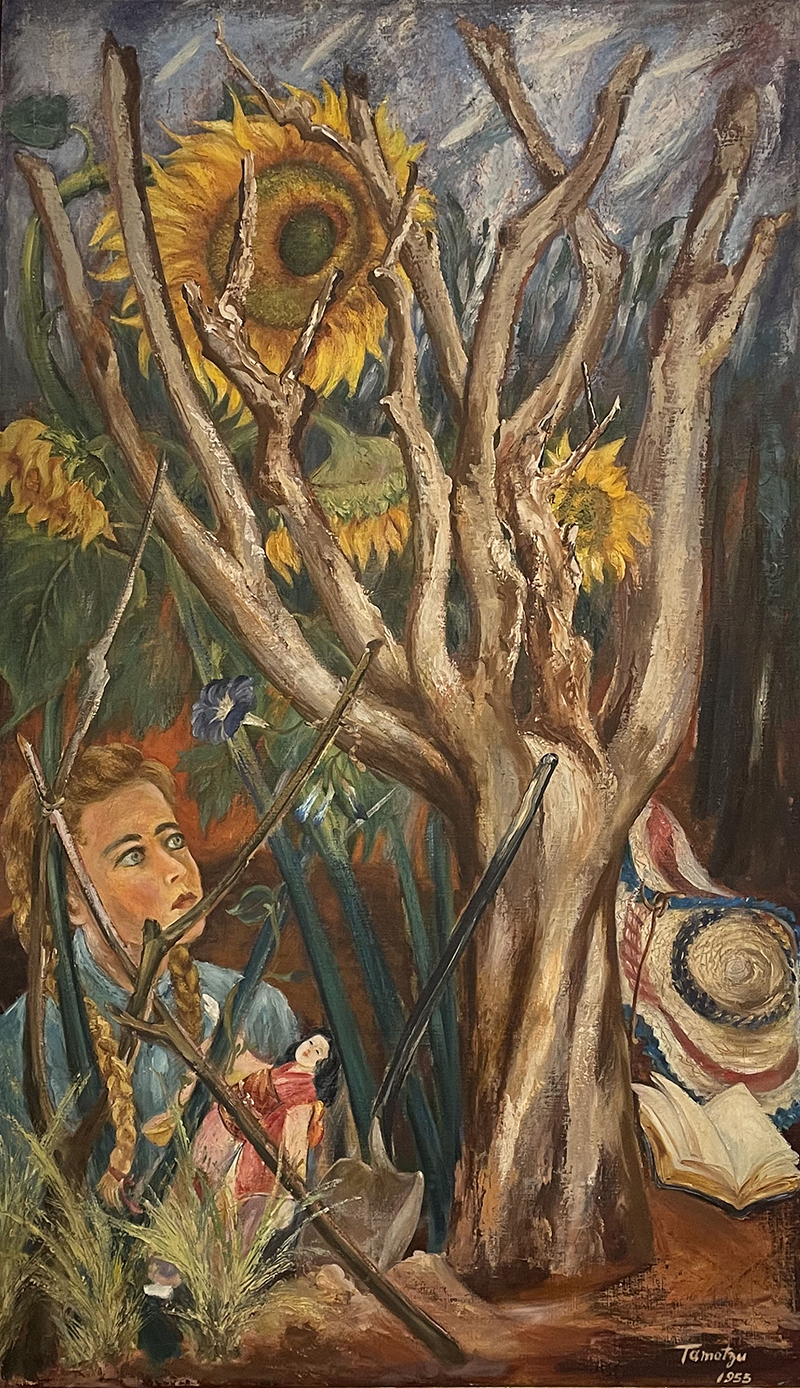 A painting showing a girl in the woods with bare branches