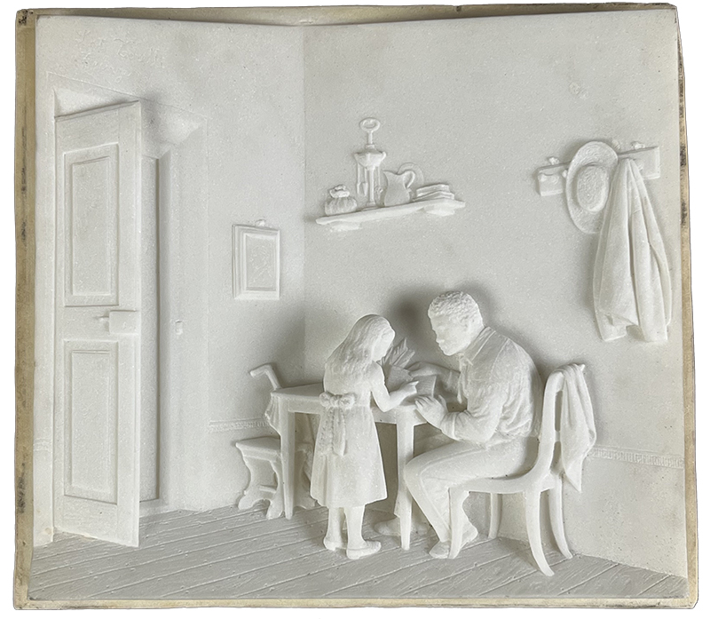 a marble relief featuring a scene with a figure sitting at table, and a figure standing by the table