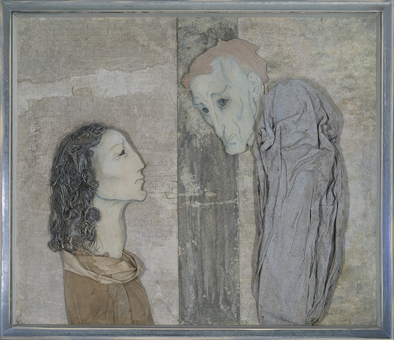 a mixed media piece showing two figures, one with long dark hair, the other in a blue coat