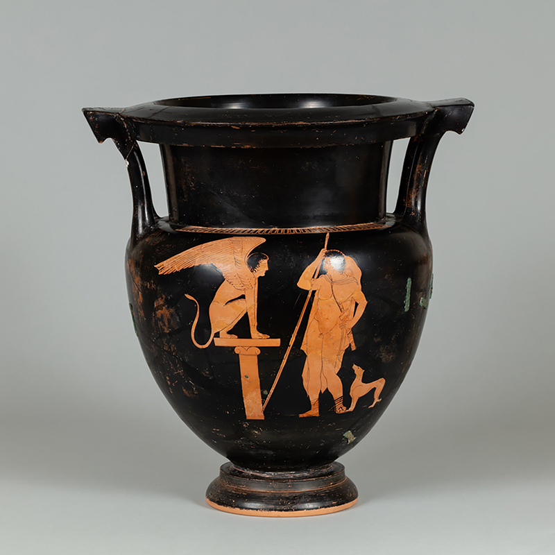 An ancient, large, clay, two-handled vessel, designed to hold liquids, and decorated with black-figure paintings of Greek mythological figures 