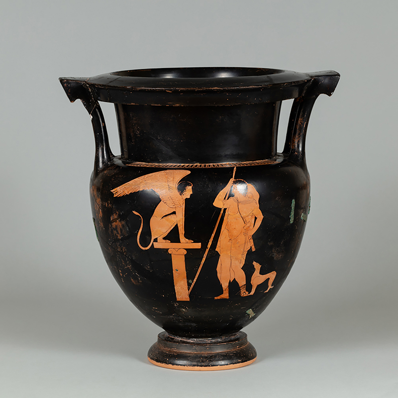 An ancient, large, clay, two-handled vessel, designed to hold liquids, and decorated with black-figure paintings of Greek mythological figures
