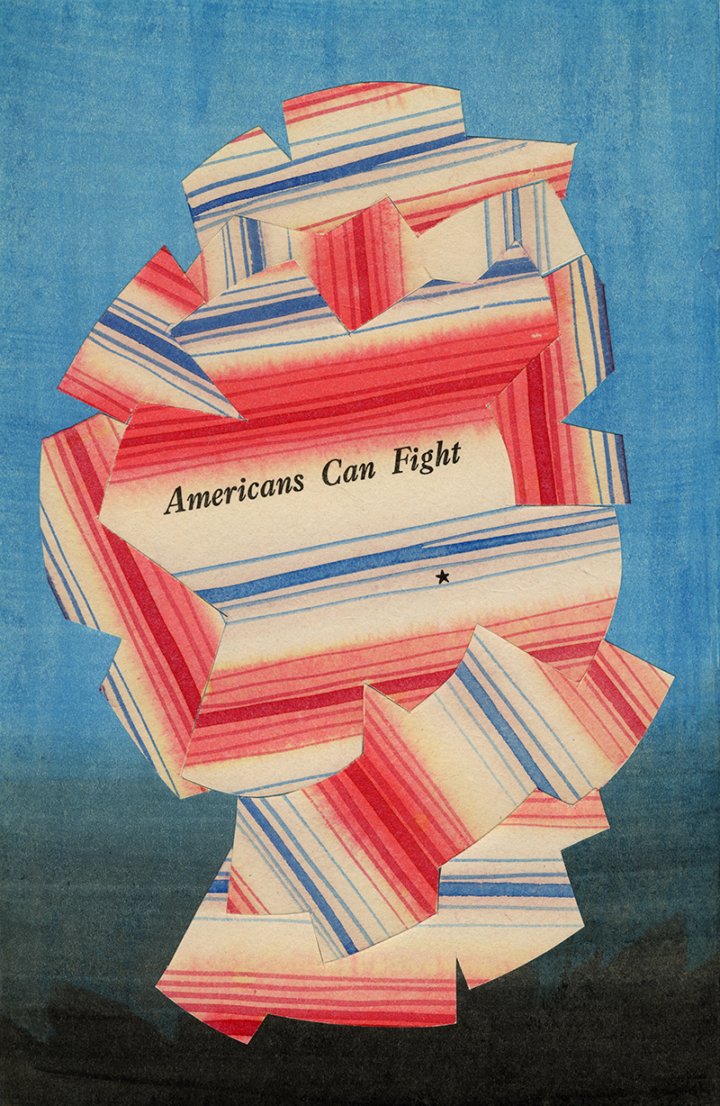 Cut out shapes in red, white, and blue striped paper, float on a deep blue/black background. The words "Americans Can Fight" appear in black type.