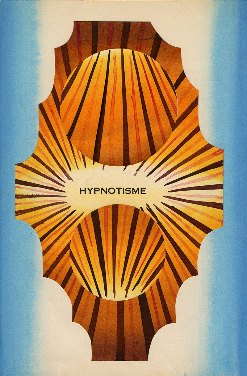 A cutout form with orange, red, and black floats on a blue to beige background. The text "HYPNOTISME" appears in the center.