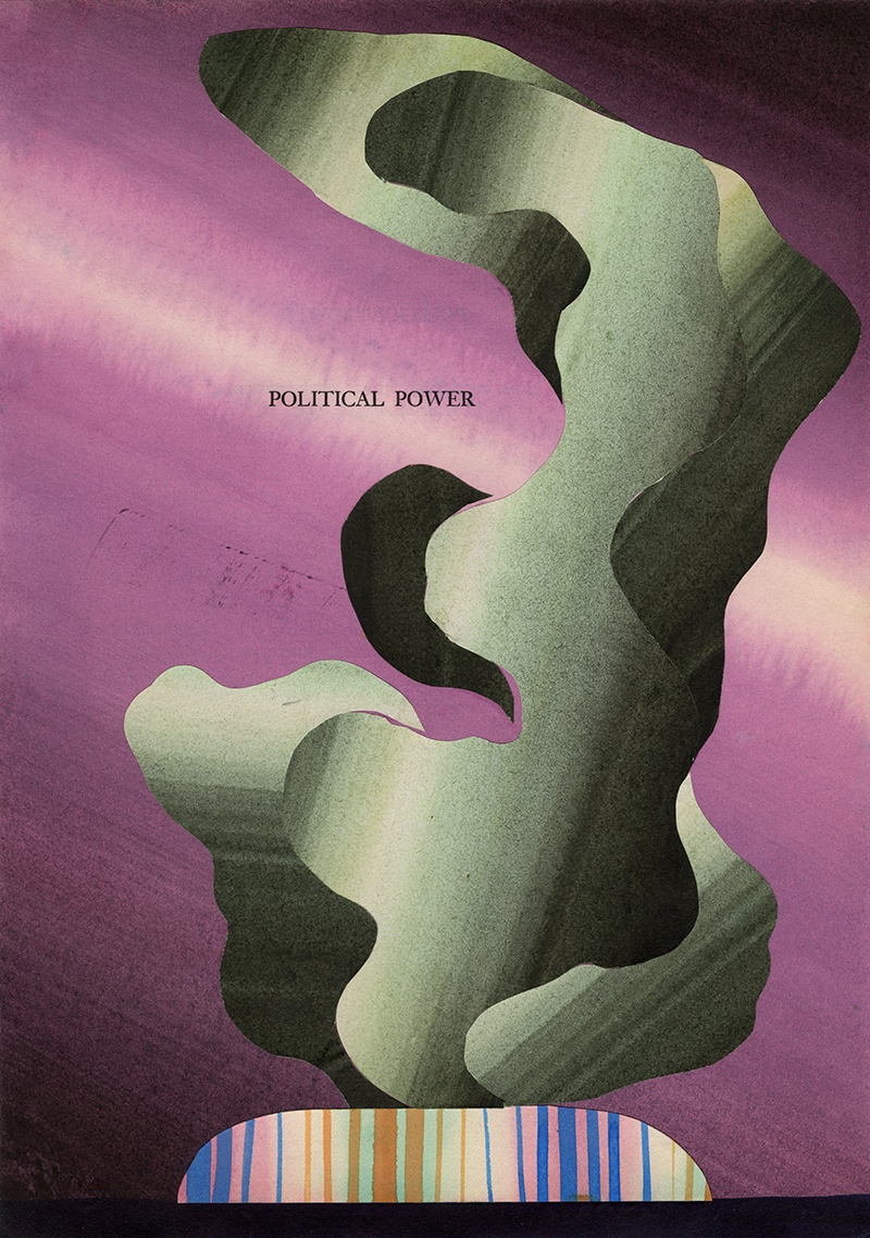 A green/black cutout on a striped base on a background of violet toned paper.  The text "POLITICAL POWER" appears on the background.
