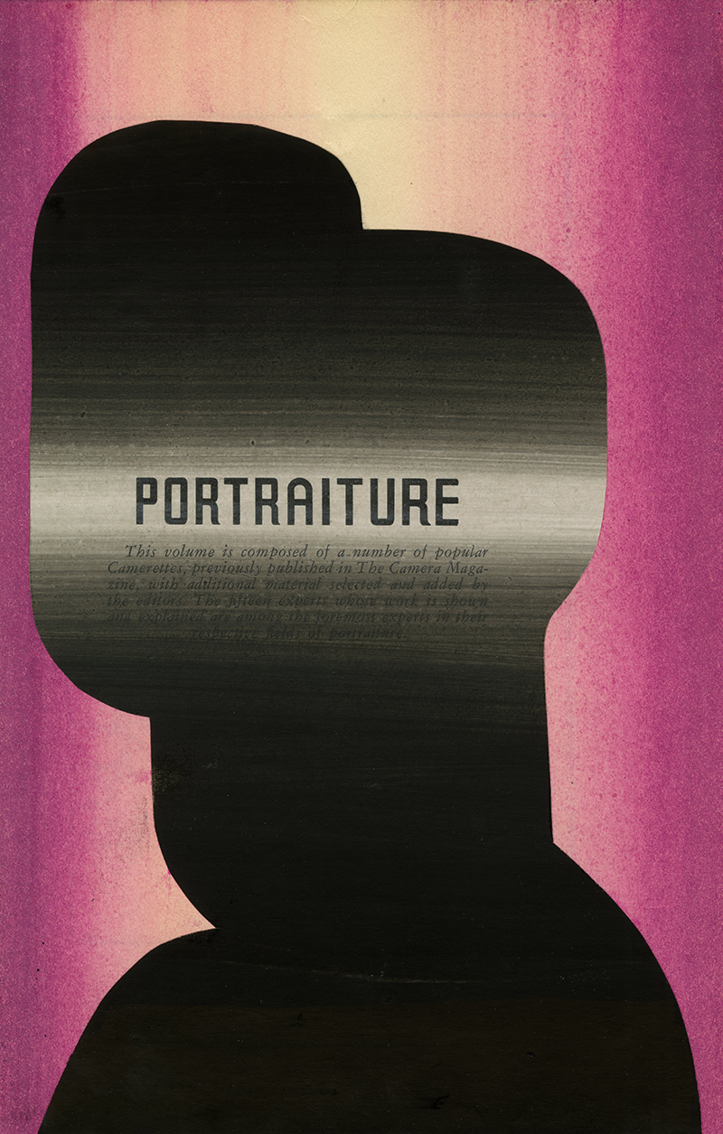 A silhouette of black appears on a background of deep pink and beige stripes.  The text "PORTRAITURE" appears in black type.
