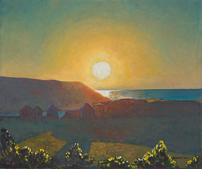 A luminous landscape painting depicts a setting sun over a coastal landscape
