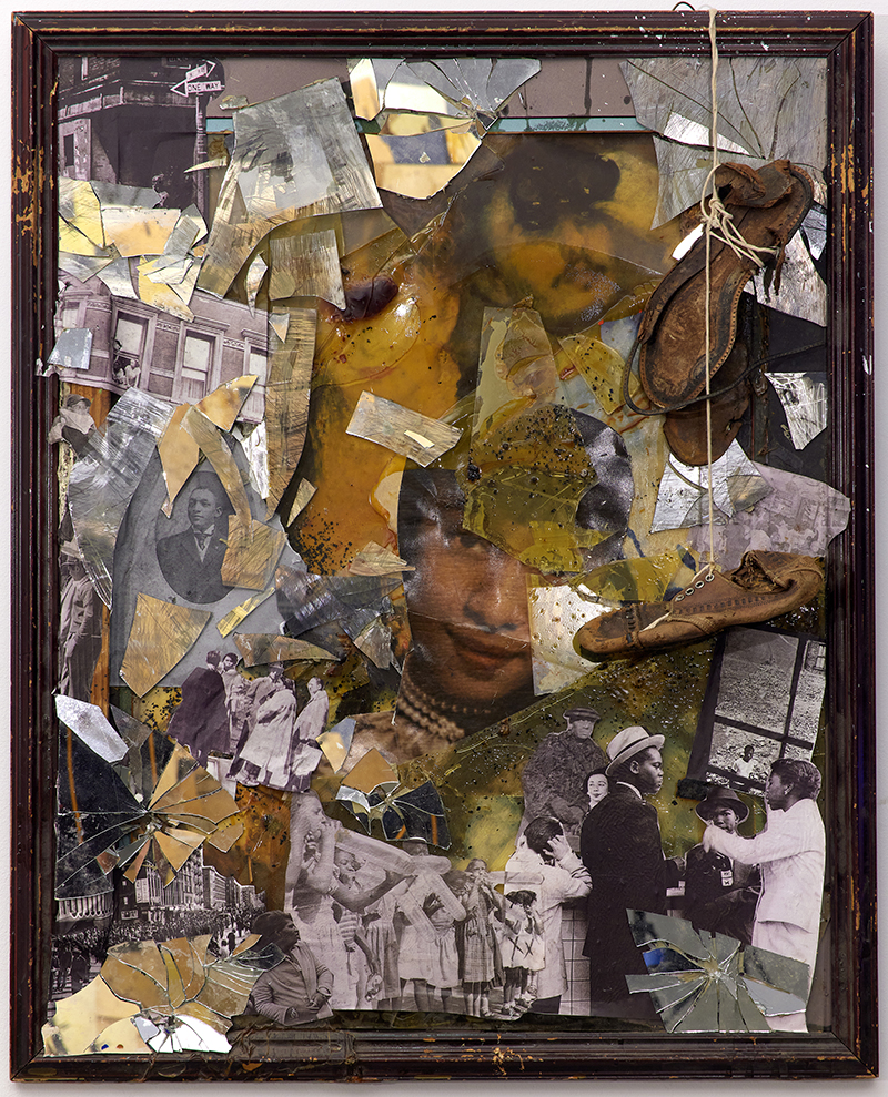 a collage with photos of faces and cityscapes, broken glass, and old footwear.lass, shoes