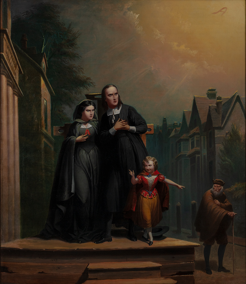 An oil painting depicts a literary scene of colonial-era people in Puritan clothing