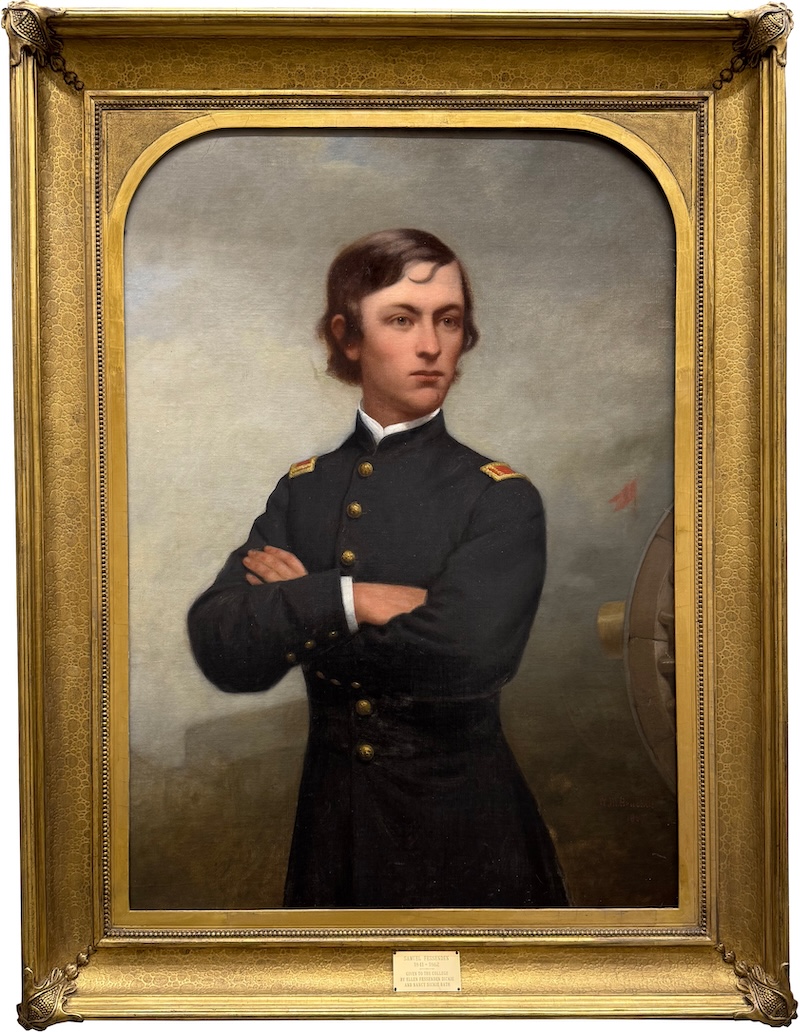 A portrait painting shows a three-quarter view of young soldier with arms crossed in Civil War-era attire