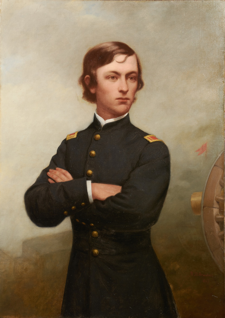 A portrait painting shows a three-quarter view of young soldier with arms crossed in Civil War-era attire