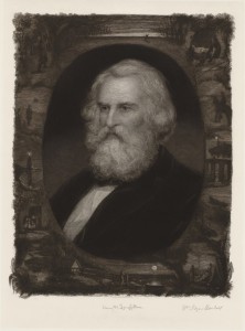 a white-haired, bearded man faces left. His portrait is framed by various nature scenes. 